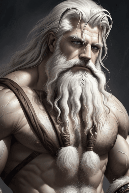 AI generated: painted portrait of rugged zeus, god of thunder, greek god, white hair, masculine, mature, handsome,...