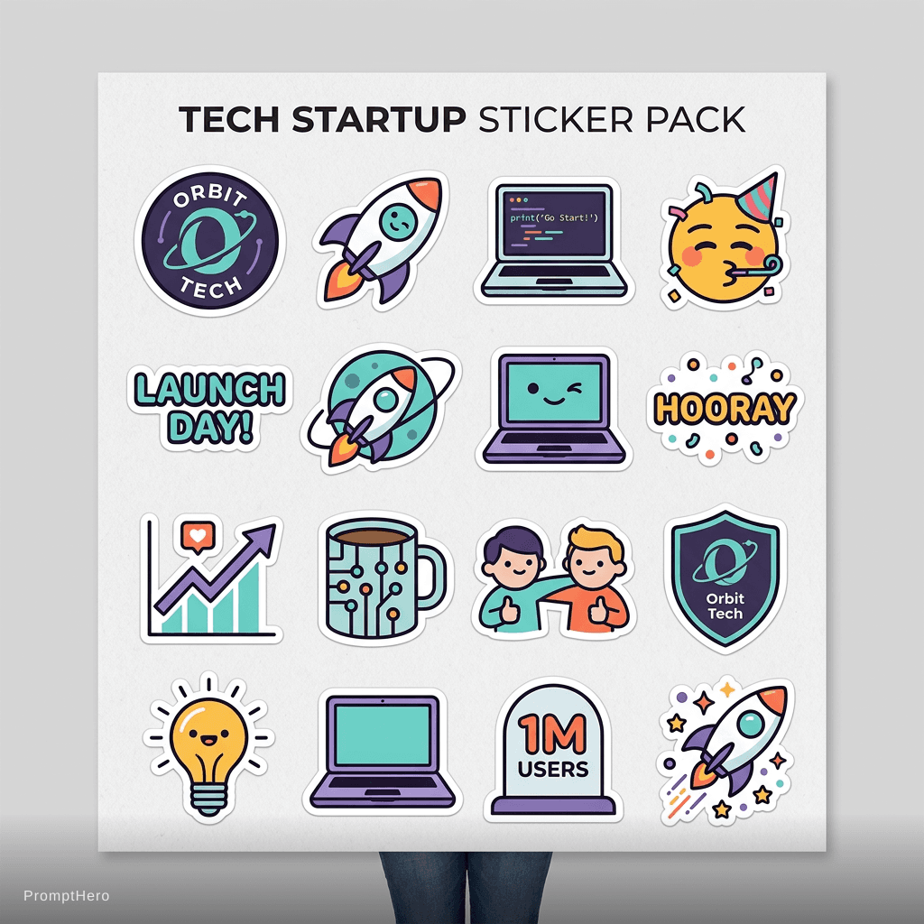 AI generated: tech startup stickers based on the uploaded logo, rocket ships, laptops, celebration emojis, modern ...