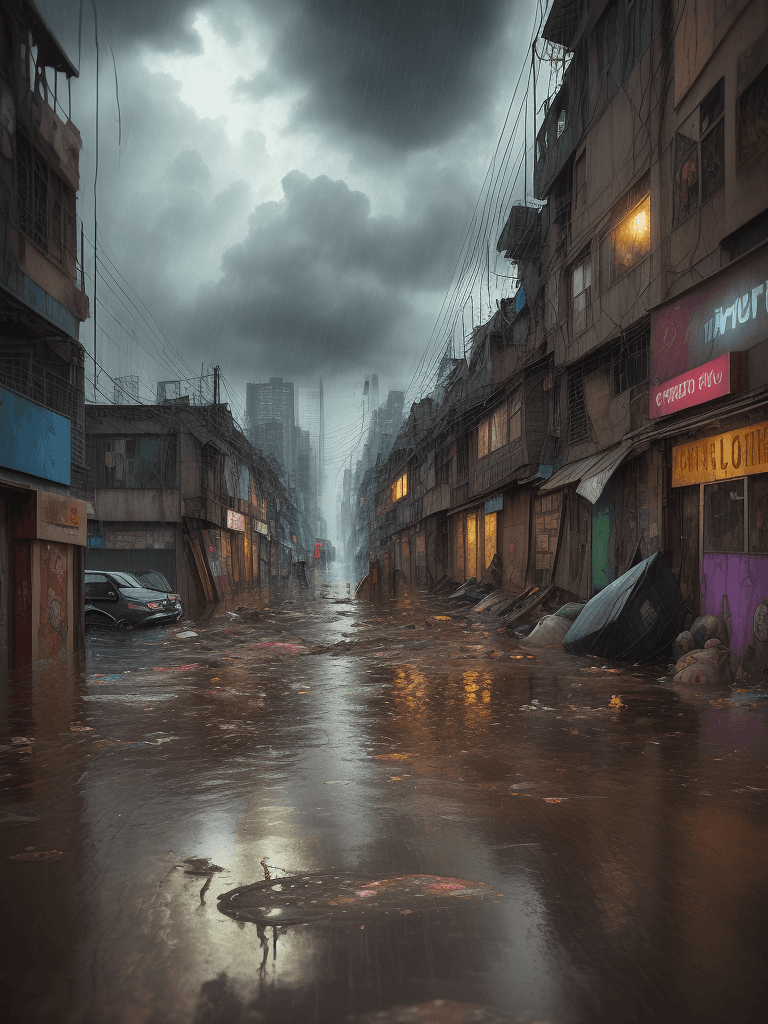 AI generated: A heavy storm and flooding of a slum corner,iconic album covers,
rain,typhon,
litter,intricate detai...