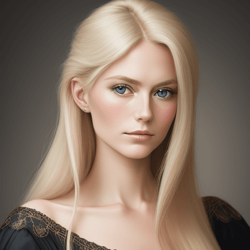 AI generated: Portrait of a beautiful Danish lady, with jet blond hair, simply elegant look, film grain, high qual...