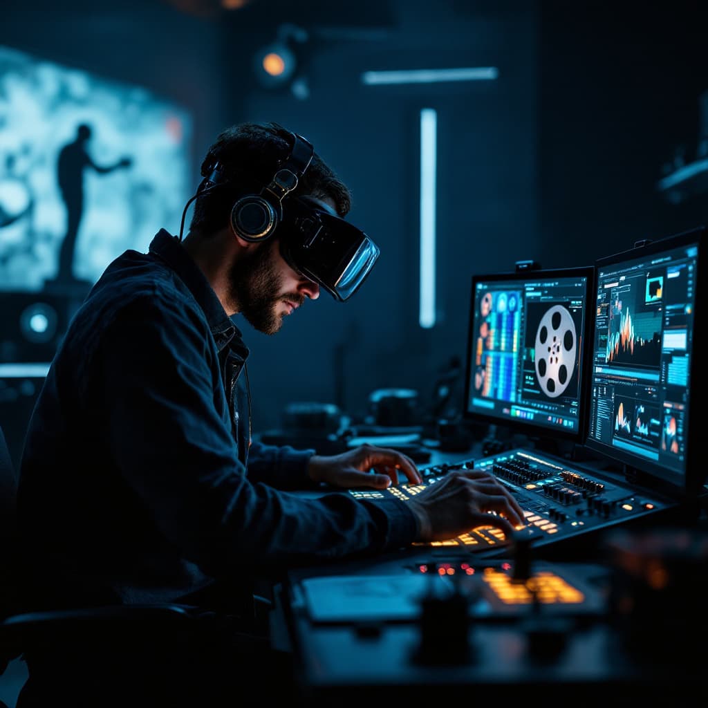 AI generated: A man editing film on a futuristic flatbed editing table he wears a steampunk headset that resembles...