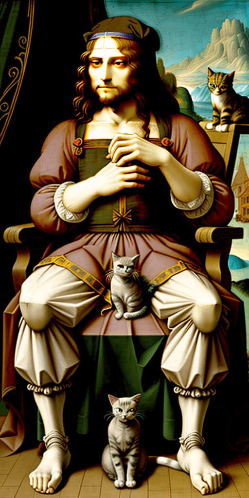 AI generated:  Leonardo da Vinci looks at the cat sitting near his feet, realistic