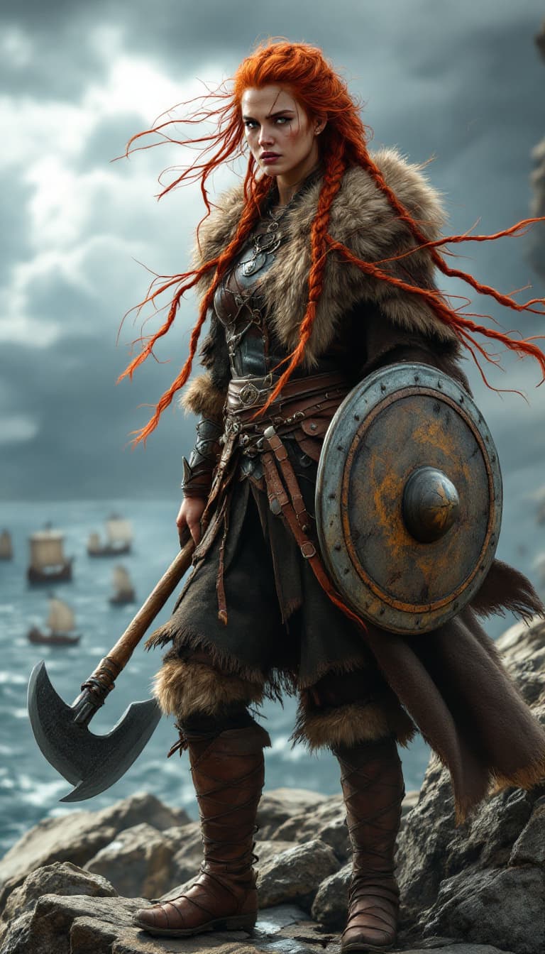 AI generated: hyper realistic image of A fierce Viking warrior woman with fiery red braided hair, standing atop a ...