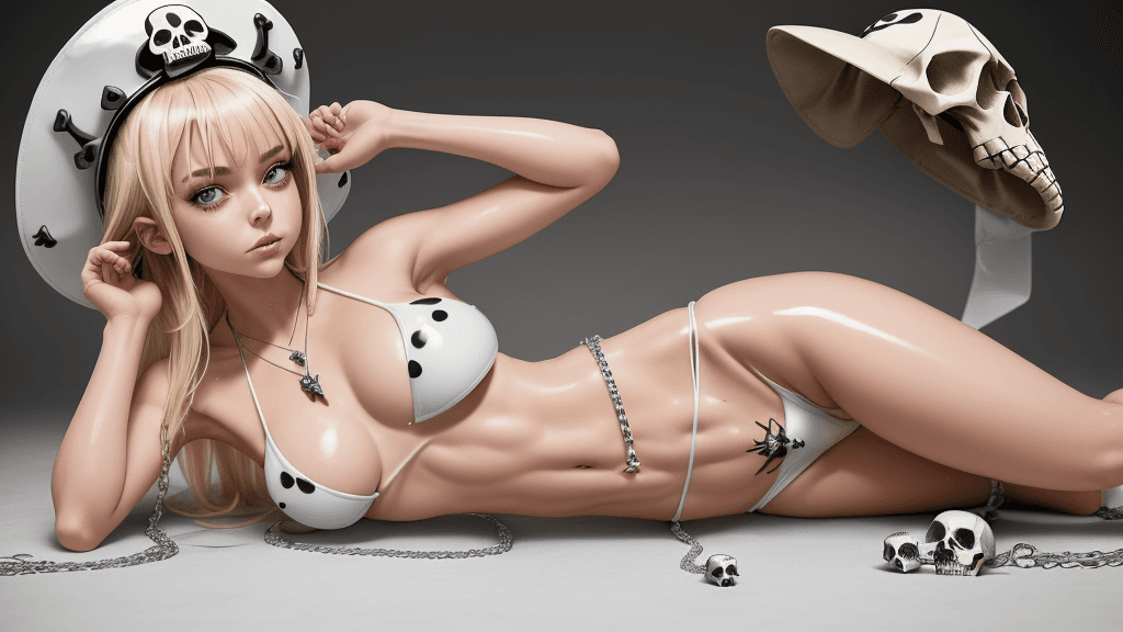 AI generated: a flawless girl dressed in a cosplay costume, adorned with an latex hat, is laying on a white platfo...