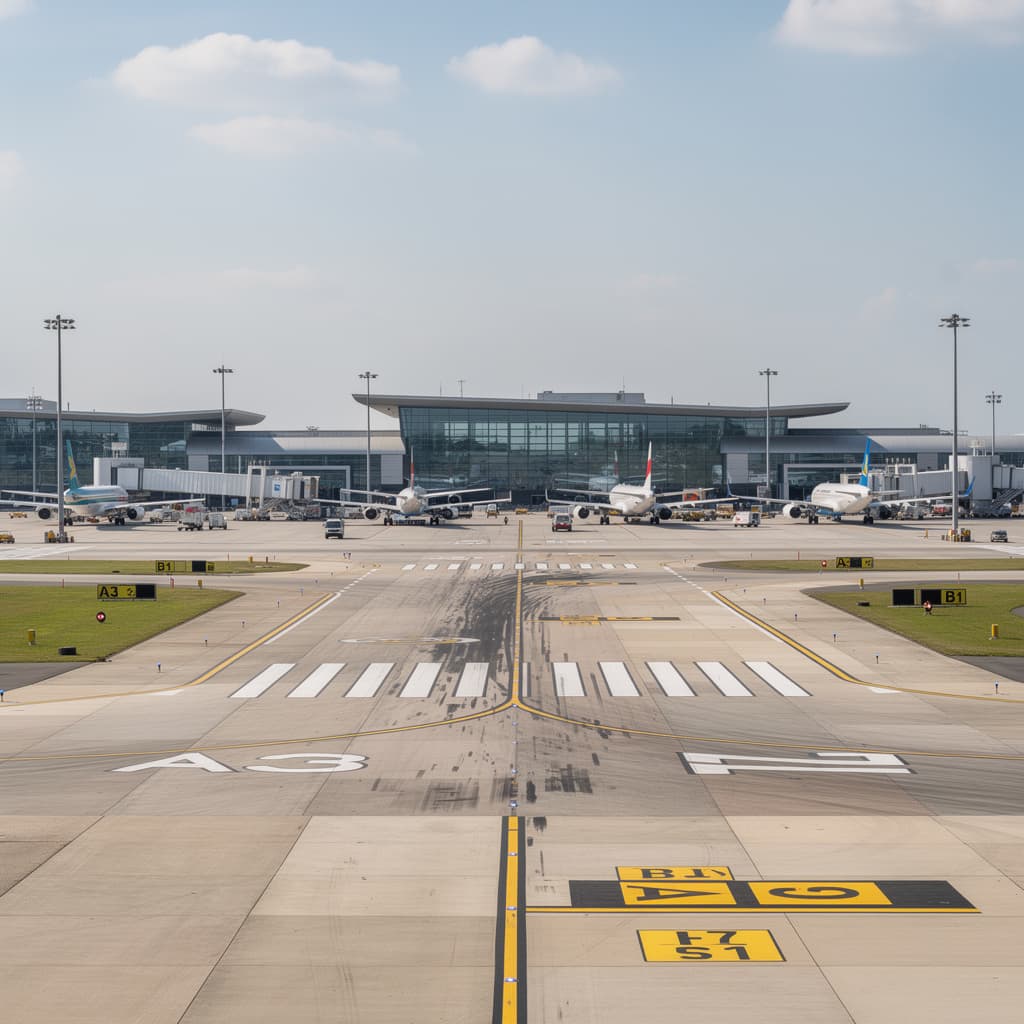 AI generated: Please create an airport; in the background there are many airplanes, and in the foreground is the r...
