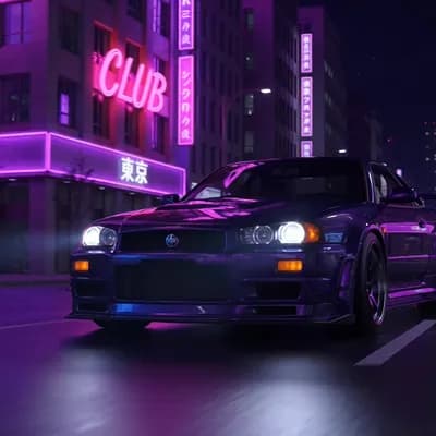 AI generated video: dark purple nissan skyline gtr in a neon city at night, shot with a sony mirrorless, 35mm, photograp...