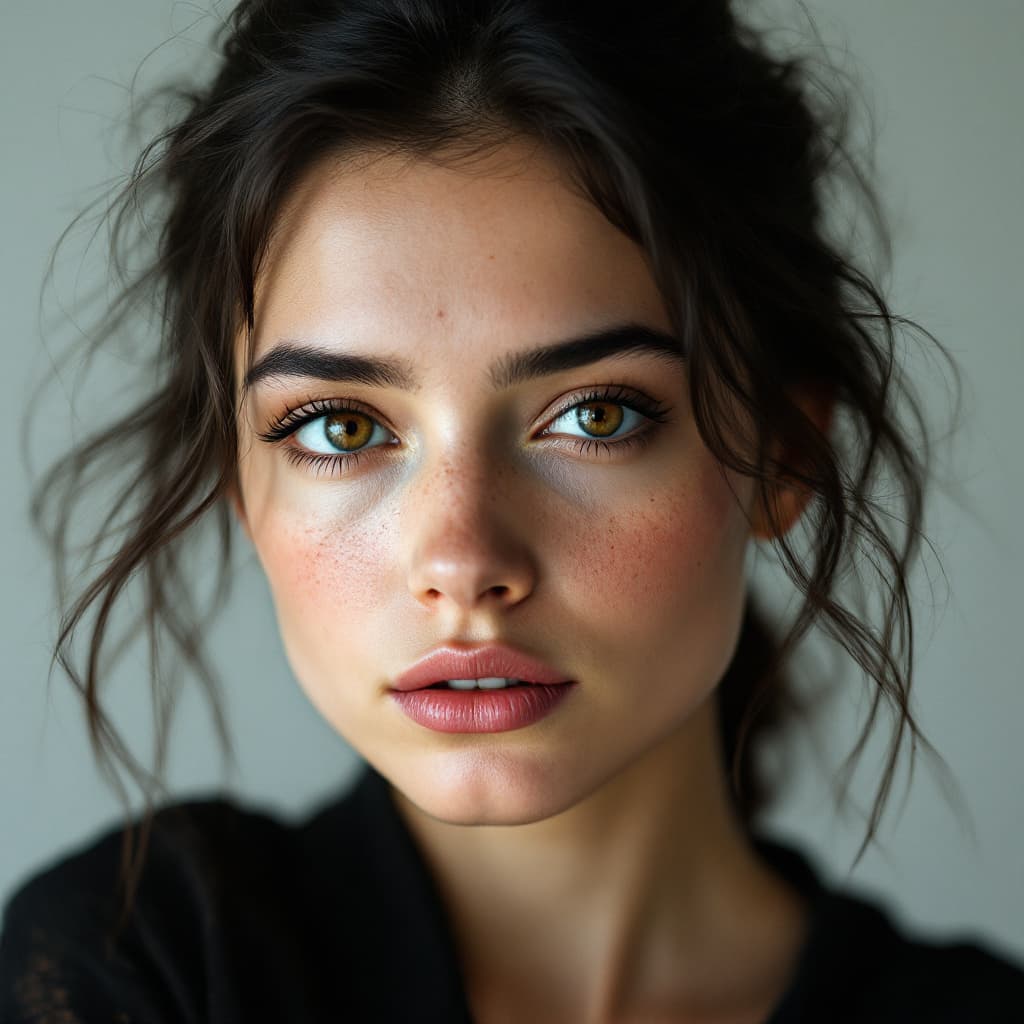 AI generated: Close-up portrait of a woman with brown eyes, light freckles, slight ukrainian complexion and dark h...