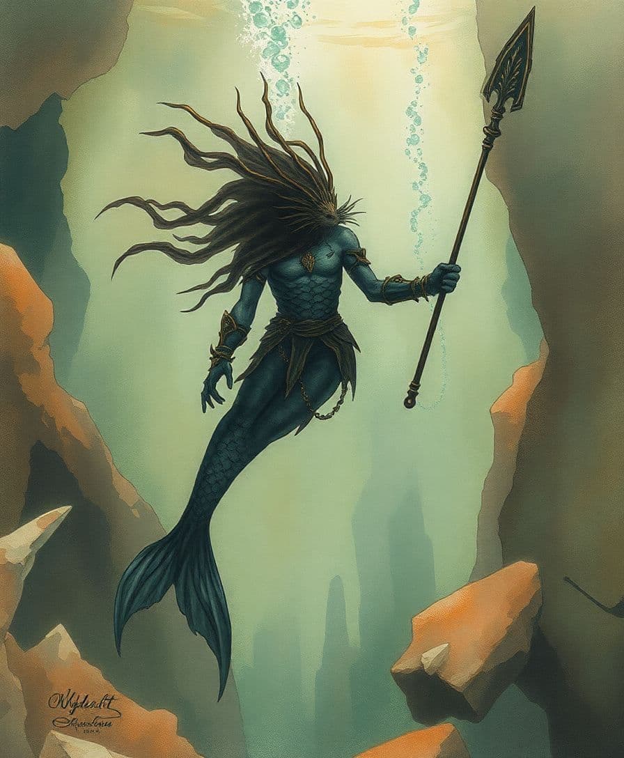 AI generated: Image is a cinematic, moody watercolor ink wash illustration featuring, underwater, verdigris, The o...