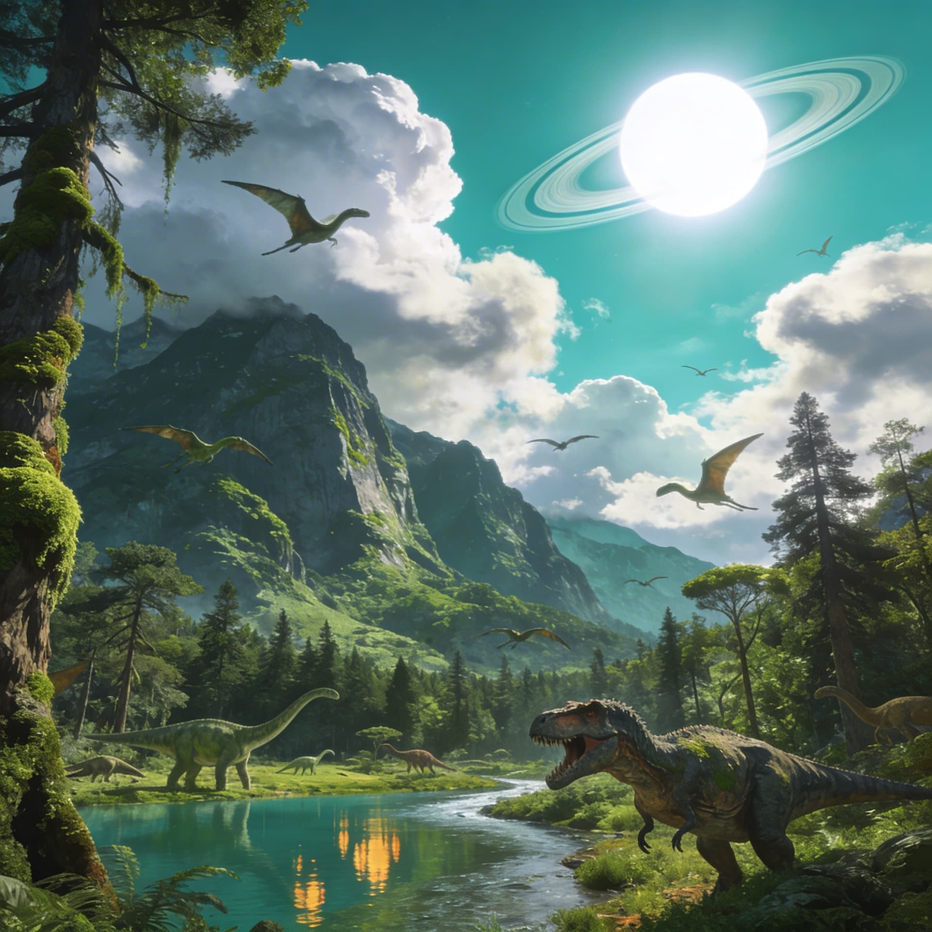 AI generated: a scenic view of a tall mountains covered in lush greens and moss covered trees with a lake and a ri...