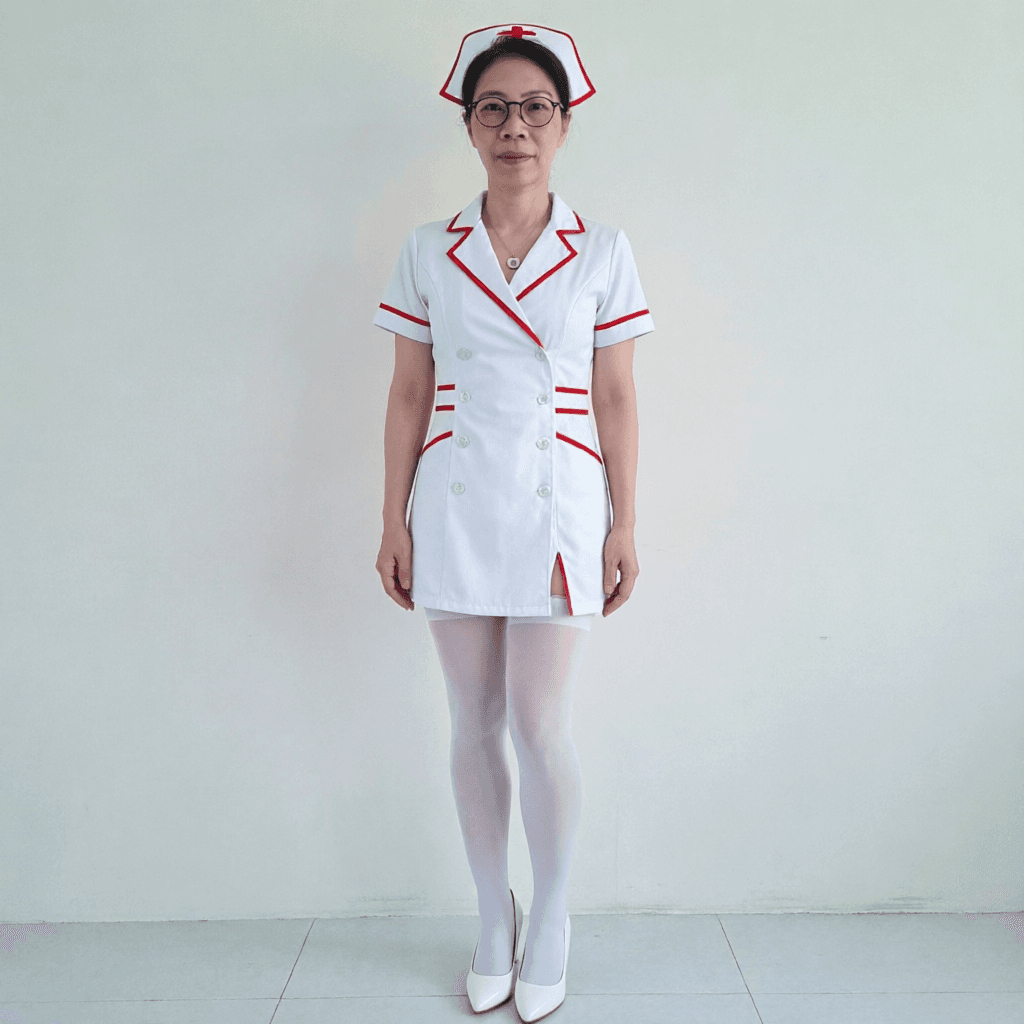 AI generated: Wearing nurse cosplay vcut top and slit, white pantyhose and white high heels. fit slim and petit bo...