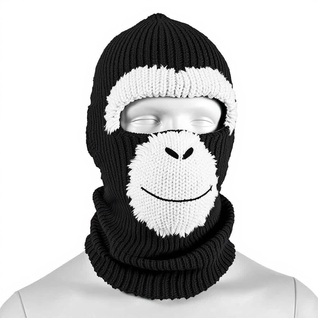 AI generated: a black ribbed knit skimask, 3 holes, white chimpface knitted on it

