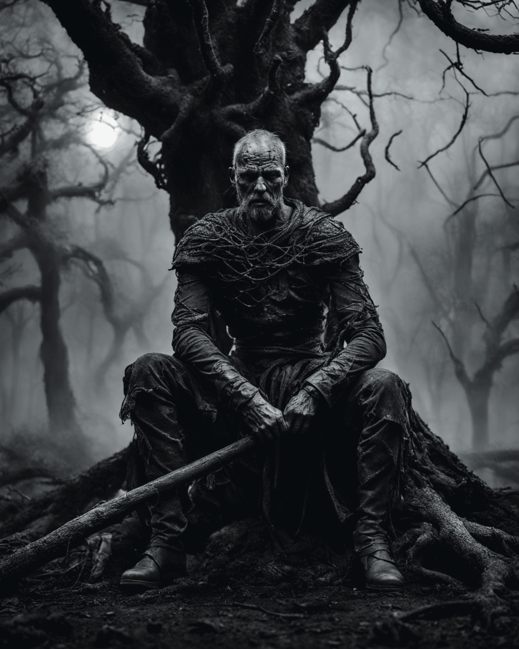 AI generated: Horror-themed surrealisim of the kinght skin made with dirt and planet root losing battle,sit on the...