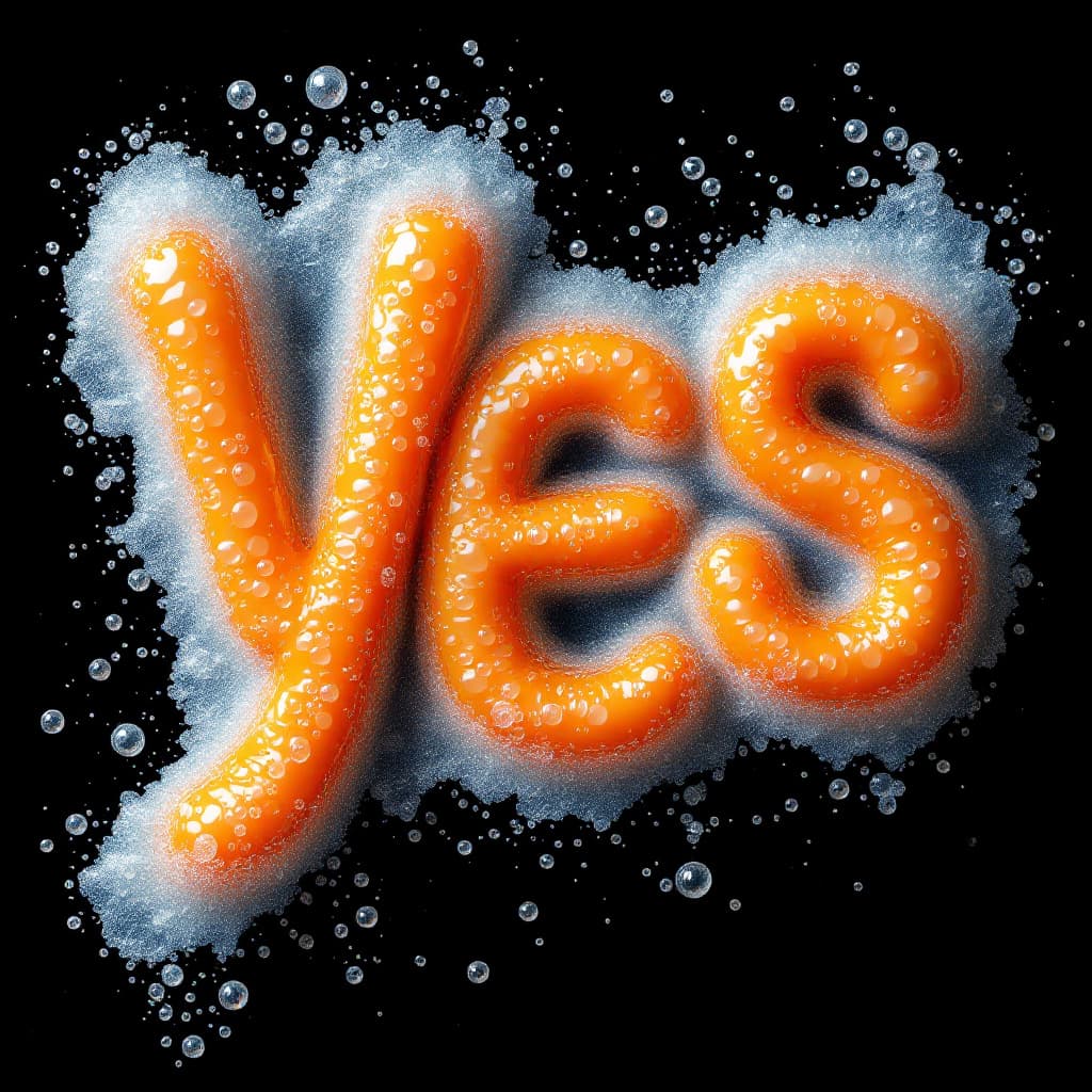 AI generated: experimental photography, flat lay, form of "YES", orange color bubbly texture, thin soap film membr...