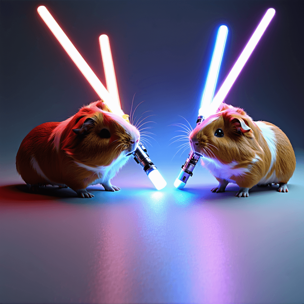 AI generated: A whimsical scene unfolds: guinea pigs have stumbled upon lightsabers, engaging in an unlikely, chee...
