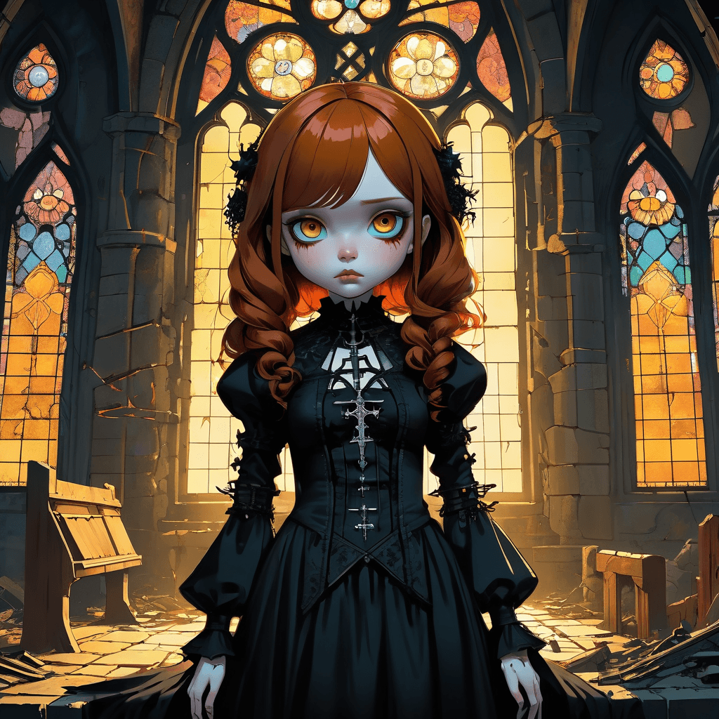 AI generated: close up, anime artwork of a gothic blythe doll with curvy ginger hair, at sunset in a ruine decayed...