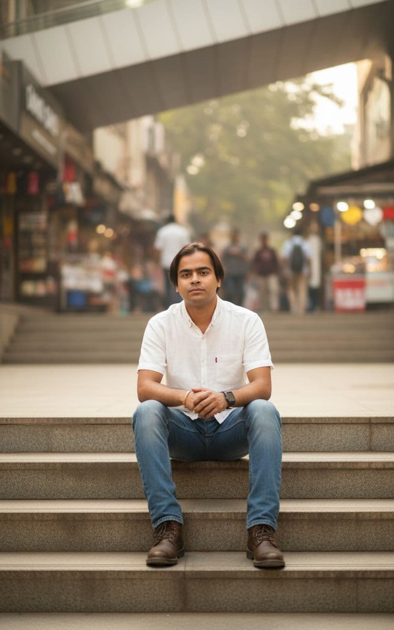 AI generated: Outdoor street-portrait in New Friends Colony CC Market, New Delhi.



A stylish young man (use ...