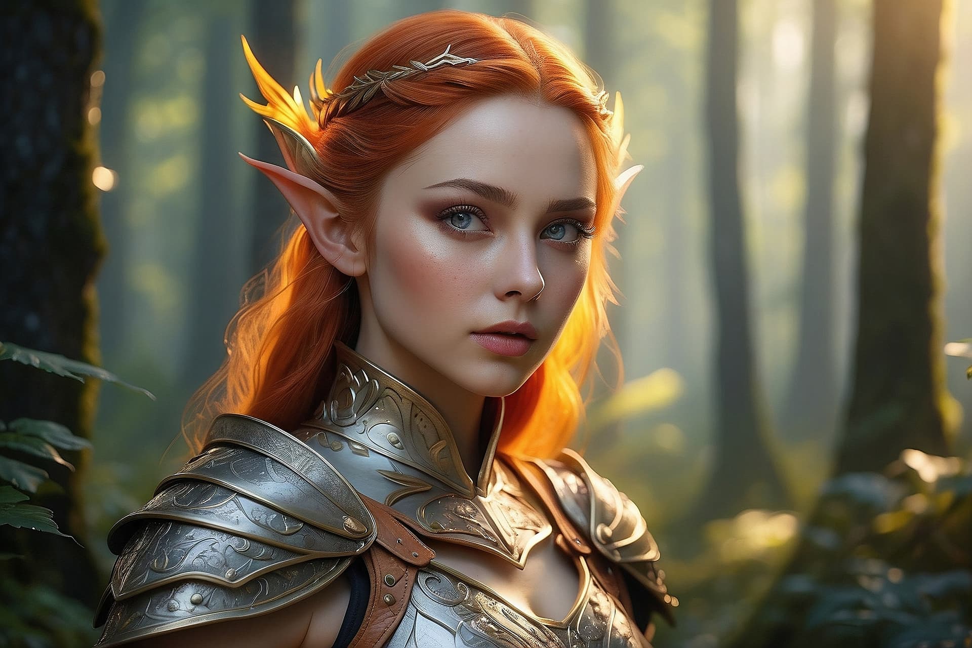 AI generated: Fantasy portrait, ultra detailed photograph of elf woman wearing elf armor with, deep shiny forest o...