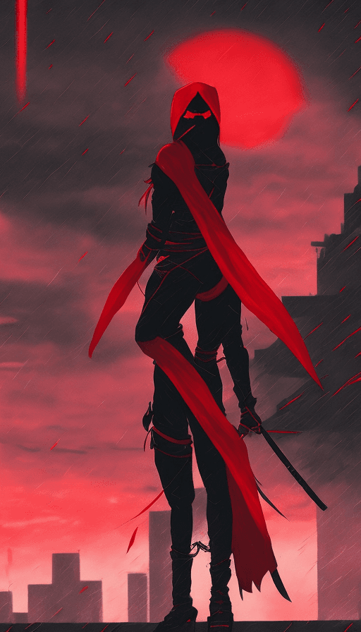 AI generated: a female assassin ninja in red and black ninja outfit, at night, black and red buildings , dark fogg...