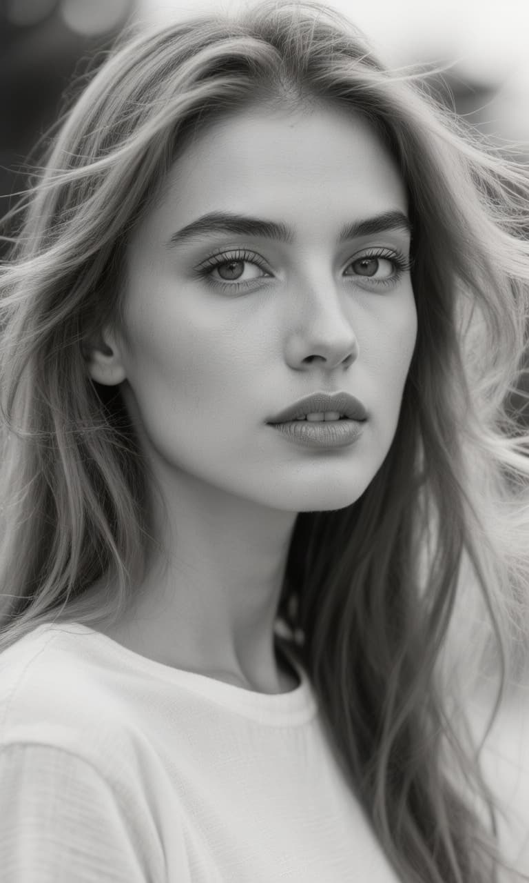 AI generated: "Image is a black and white portrait photograph featuring a young woman with light skin and long, fl...
