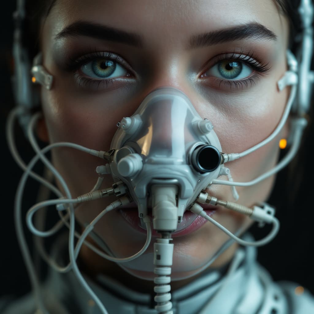 AI generated: highly detailed image of a female human face, combining elements of mostly organic and some machine,...