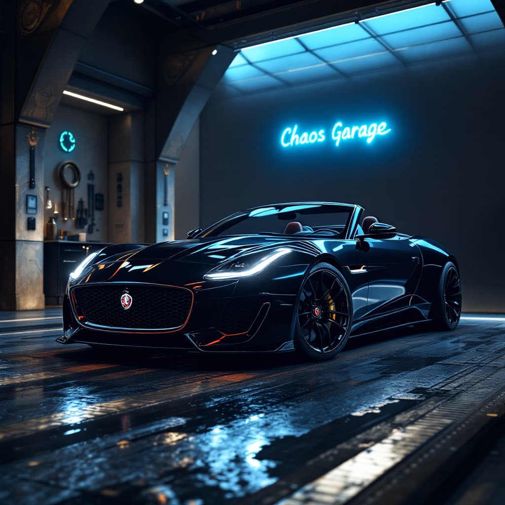 AI generated: General outline of a latest model 2024 jaguar ftype convertible in futuristic style,  with glowing h...