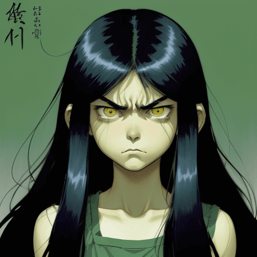 AI generated:  a girl with long hair and big shoulders, with angry eyes, in the style of quirky manga art, bill wa...