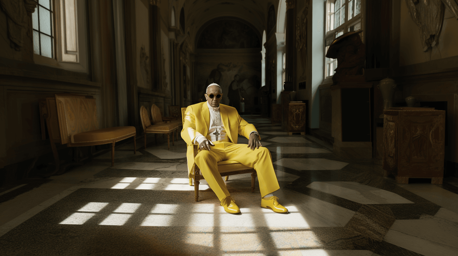 AI generated: Fashion Shoot, Pope Francis in yellow tuxedo