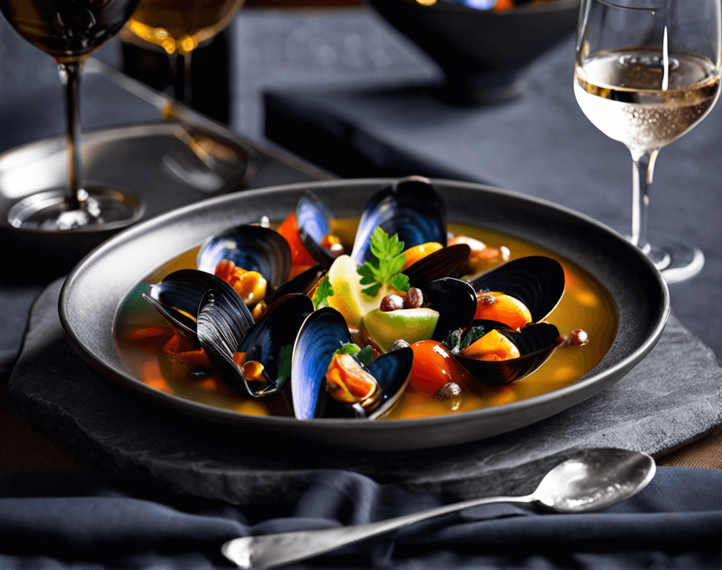 AI generated: Capture a close-up shot of a mouth-watering beautifully arranged Mussels in dry Sherry with Chorizo,...