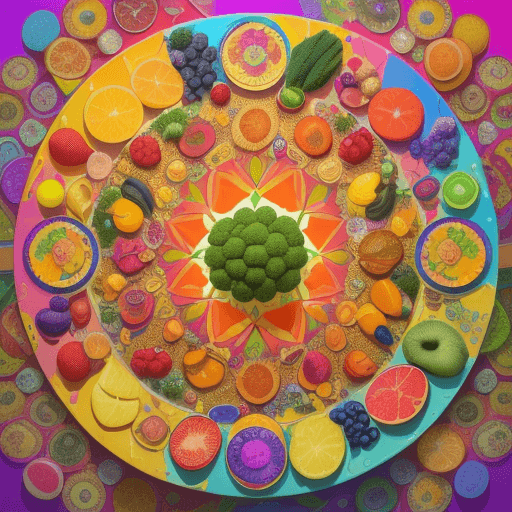 AI generated: Create a vibrant, surreal image where the scene focuses on a plate of food. The center point is a pl...