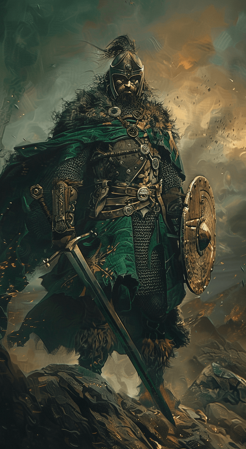 AI generated: dramatic illustration of Cú Chulainn, in the style of Irish mythology, Celtic imagery --ar 35:64