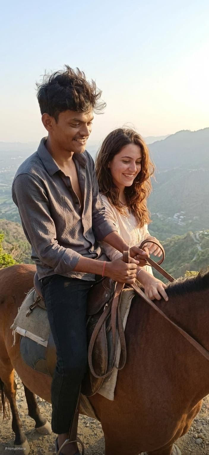 AI generated: horseback riding on same horse together while girl seat ahead and boy seat back in this outfit shown...