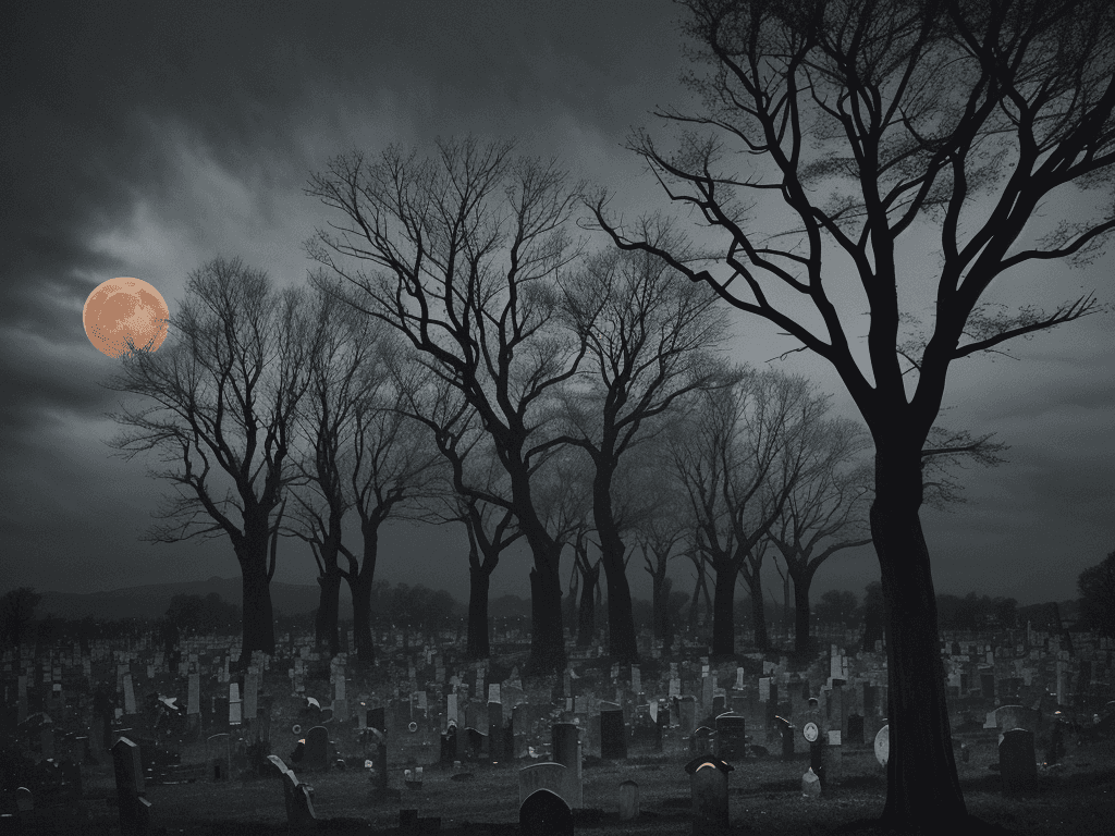 AI generated: The image depicts a hauntingly beautiful Halloween scene, with a large orange moon hanging low in th...