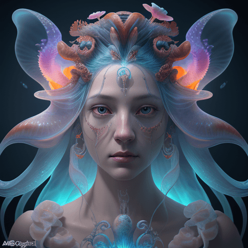 AI generated: Goddess close-up portrait ribcagel. jellyfish phoenix head, nautilus, orchid, skull, betta fish, bio...
