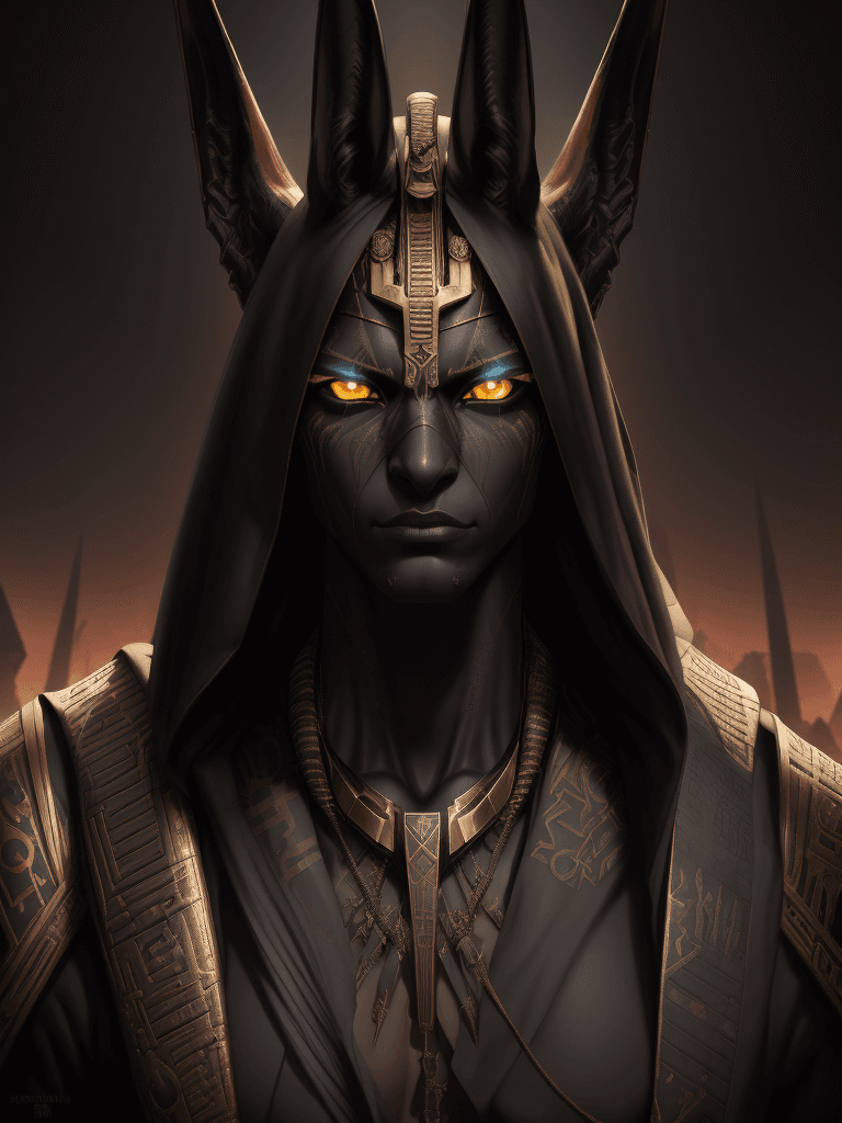 AI generated: portrait the egyptian male anubis, cyberpunk, black, pyramid, hyperdetailed eyes, hyperrealism extre...