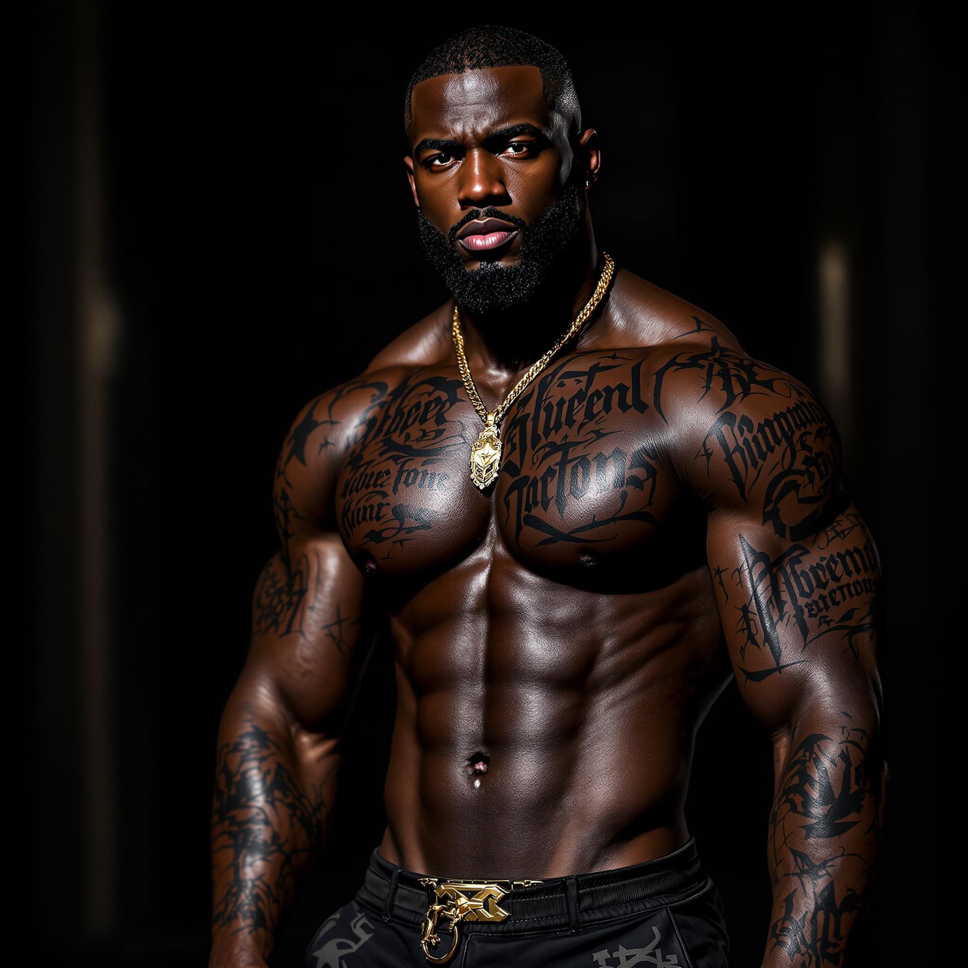 AI generated: A dark-skinned, muscular, and confident Black man with a low haircut and a well-groomed beard. He is...