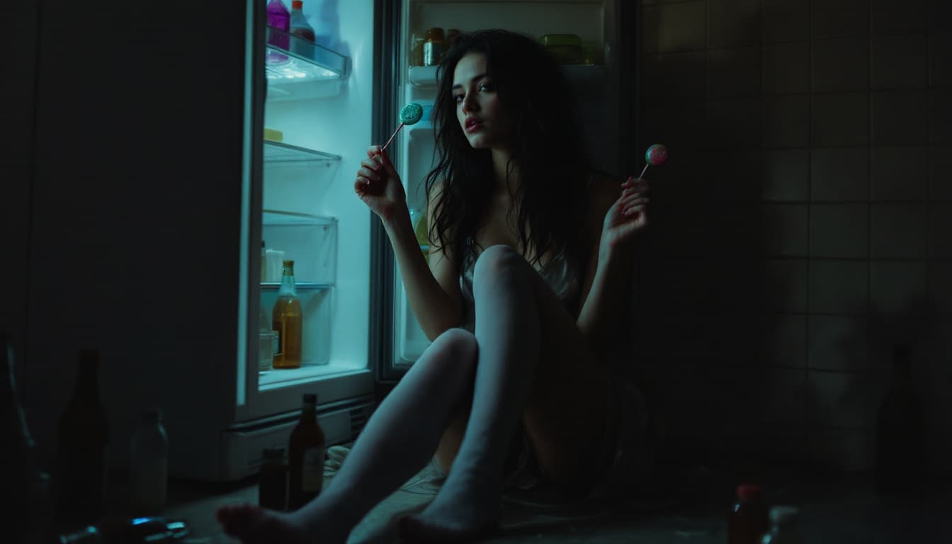 AI generated: Realistic Photo of A moody scene featuring a young woman with long, messy dark hair sitting in front...