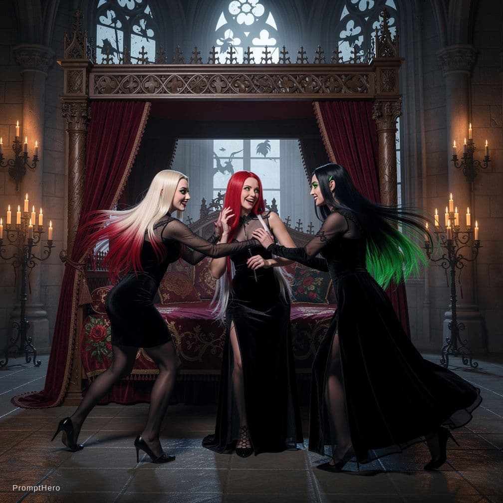 AI generated: Highly sensual and joyful dark vampire scene at night in a grand gothic chamber, three breathtakingl...