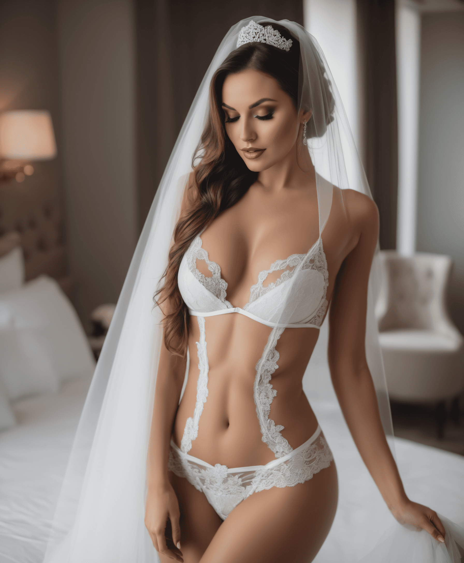 AI generated: a sexy bride in lingerie, sexy garment, sensual lingerie, perfect body, sensual poses, veil, luxurio...