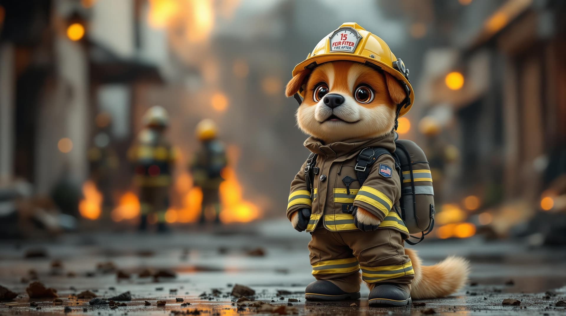 AI generated: A cute firefighter dog standing like a person, dressed in a protective helmet, a durable firefighter...