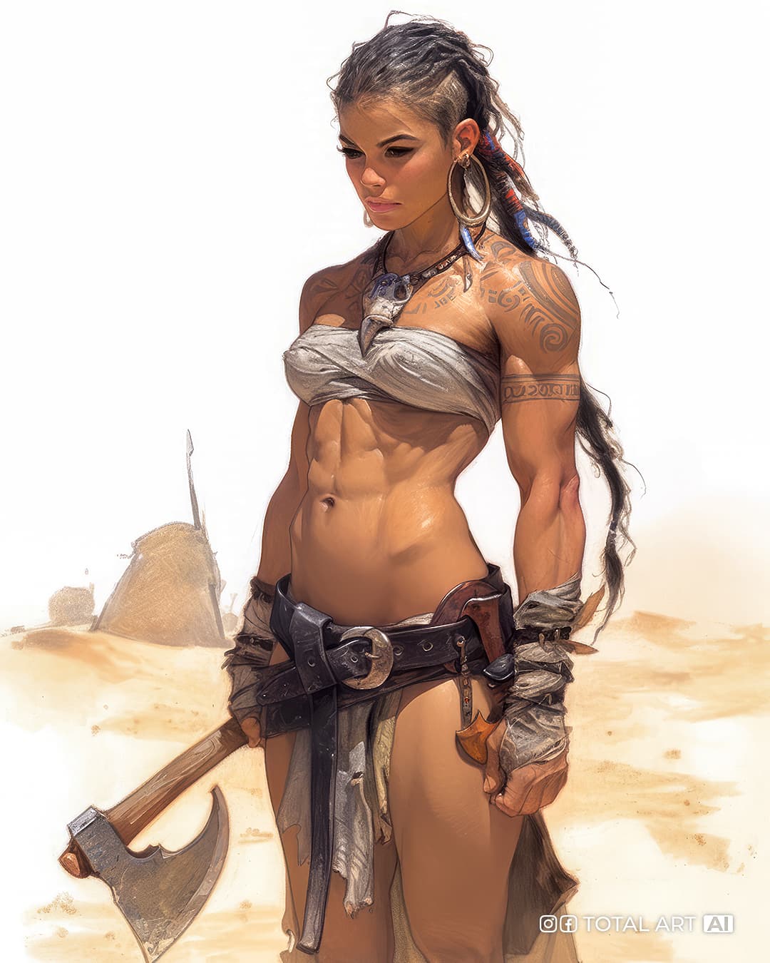 AI generated: Full body shot of young beautiful European female barbarian woman warrior, muscular, belts and loinc...