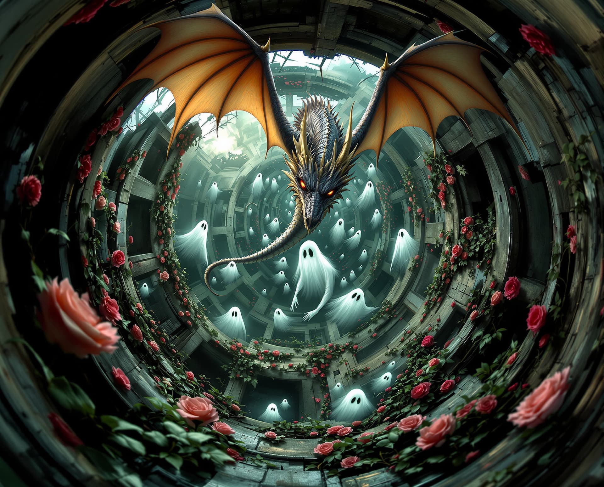 AI generated: Fisheye lens  aerial perspective perspective looking down from a birds eye view onto a dragon in fli...