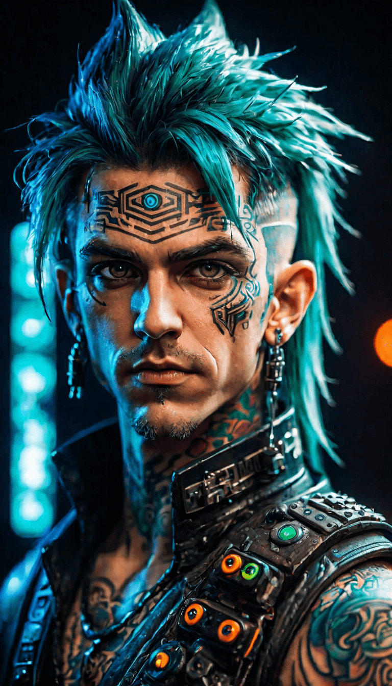 AI generated: Retro arcade style {portrait of rugged masculine cyberpunk elf in combat suit from Shadowrun, intric...