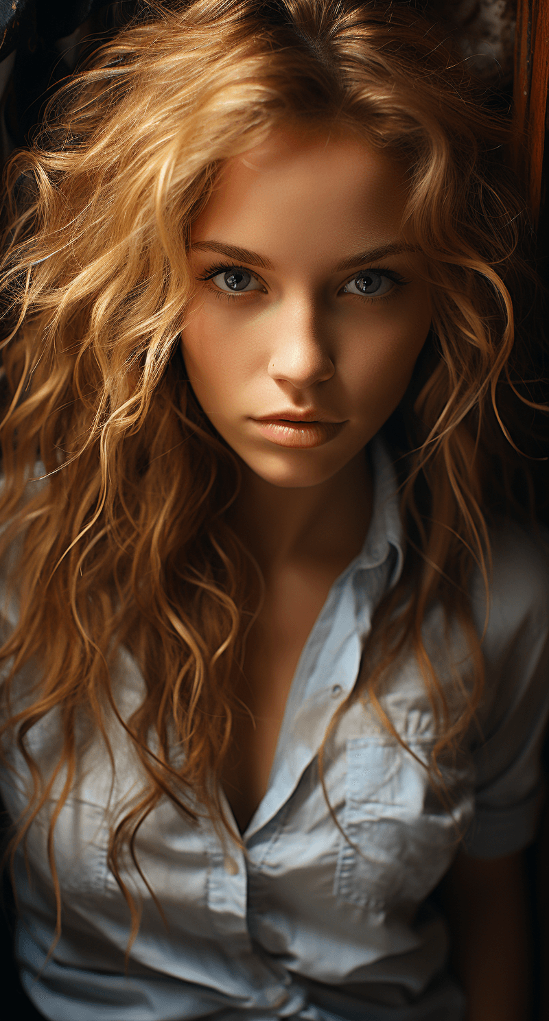 AI generated: Beautiful woman, top-down view, high camera angle, looking up into the camera, meaningful eye contac...
