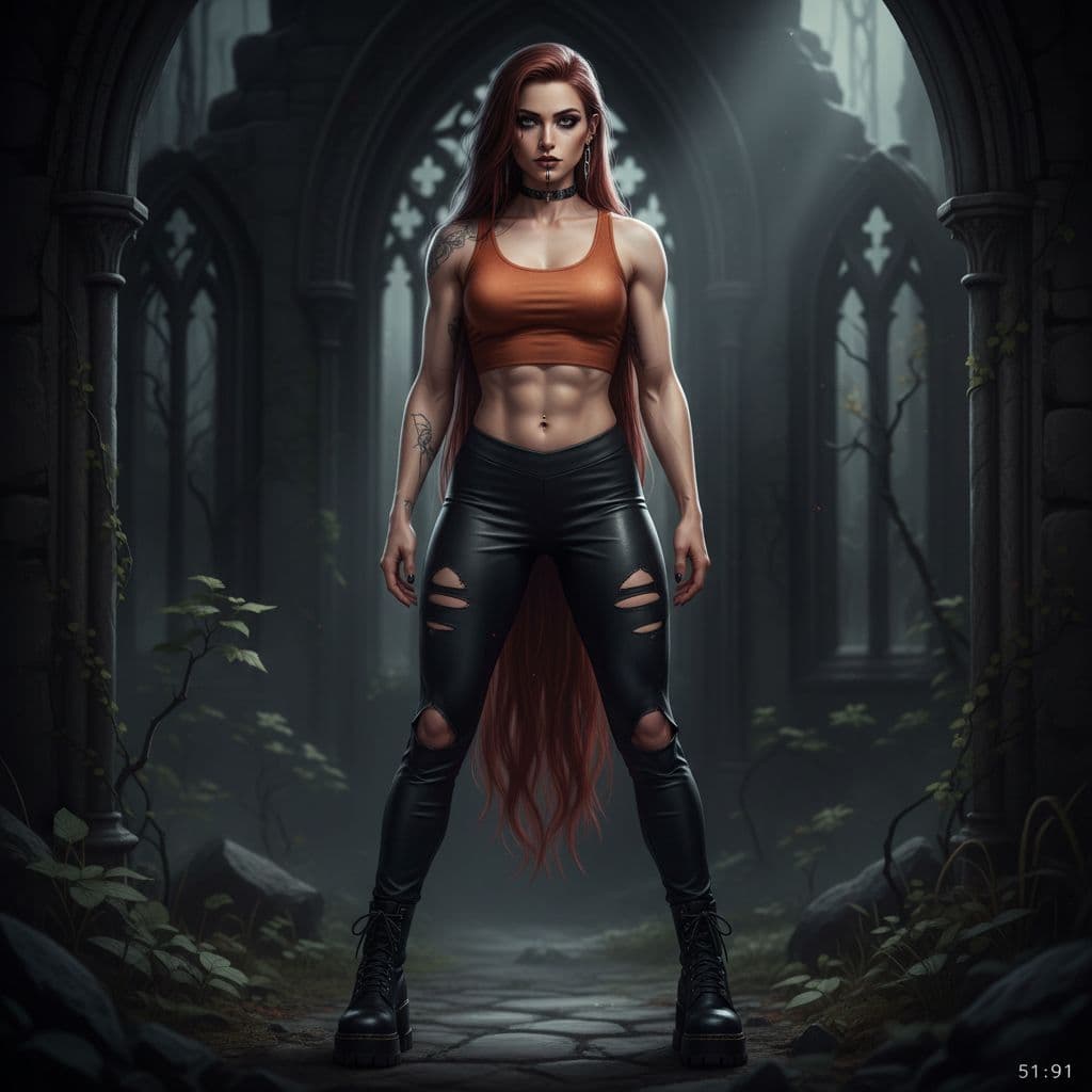 AI generated: beautiful charismatic girl, showing piercing, athletic body, a woman an orange top, gorgeous figure,...