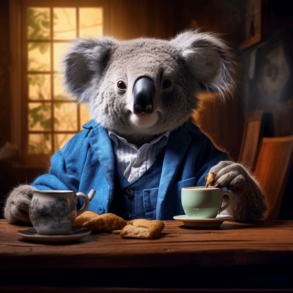 AI generated: blue koala as a muppet, spongy texture, having a coffee on a wooden table, classic living room in th...