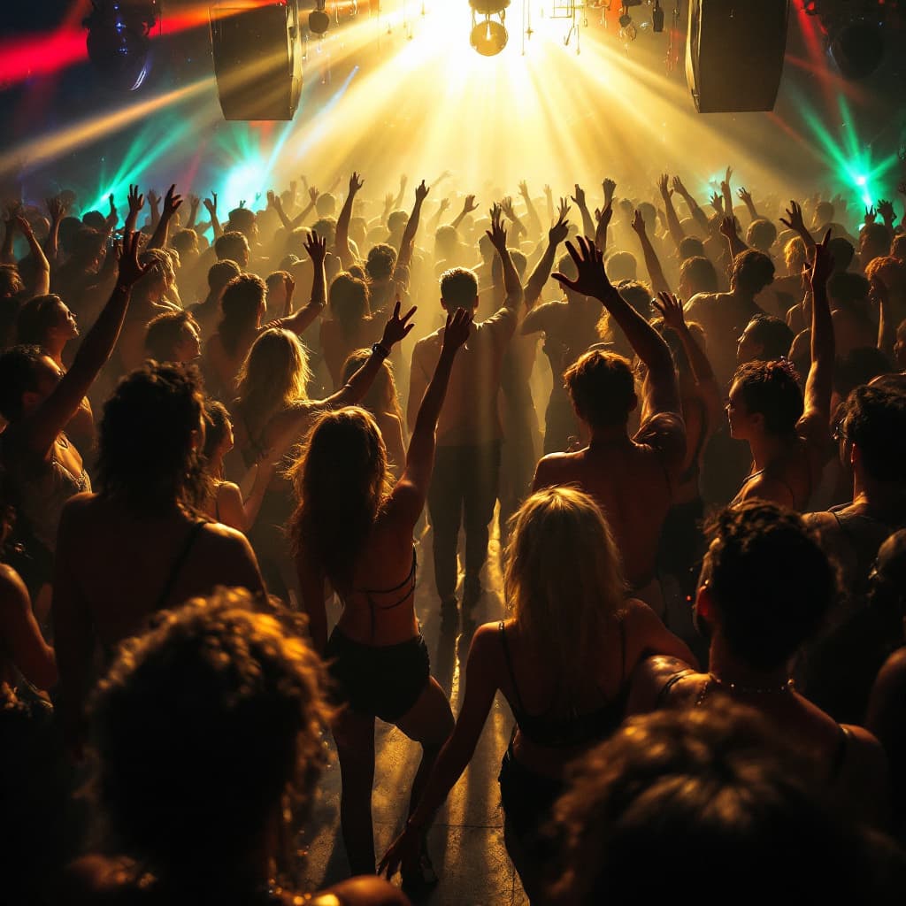 AI generated: Techno create an image of a party, where everyone is dancing to techno music having a good time bein...