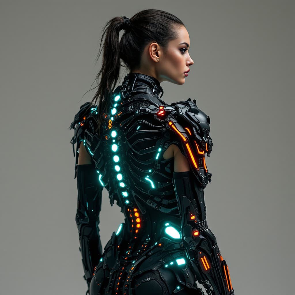 AI generated: photography, woman model, 45-degree angle rear view, detailed exoskeleton jacket, inspired by skelet...