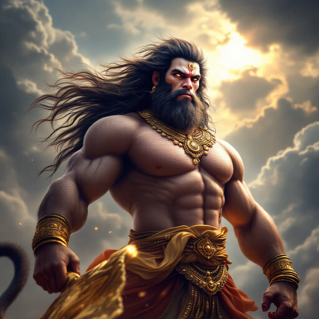 AI generated: 

"A hyper-realistic 4K image of Lord Hanuman with a massively muscular, Hulk-like physique, showcas...