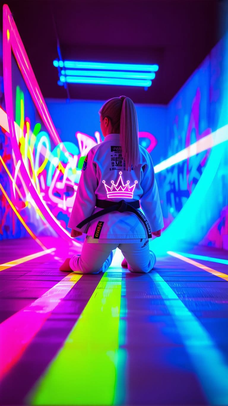 AI generated: A female jiu-jitsu athlete surrounded by graffiti-style motion trails in neon pink, teal, and lime g...