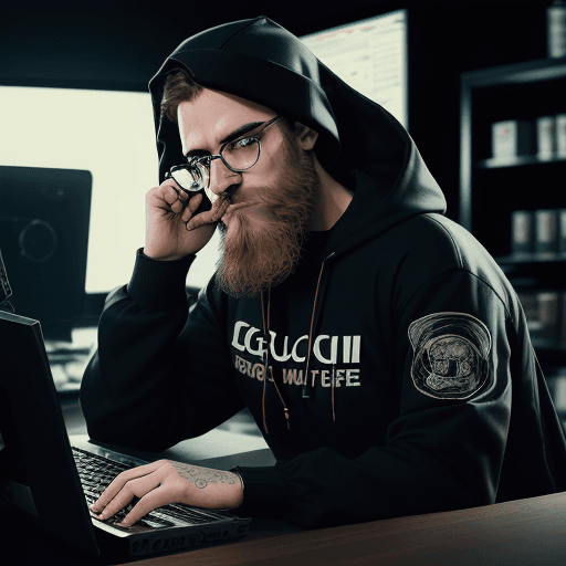 AI generated: hacker, darkroom, coder, computer, man, medium beard, cool, grunge, (typing), ultra detailed and det...